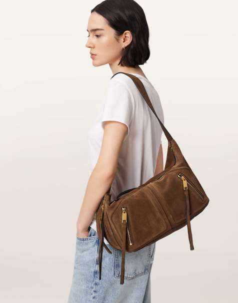 AllSaints – Jean Rey – Schultertasche aus Wildleder in Zuckerbraun - view 1