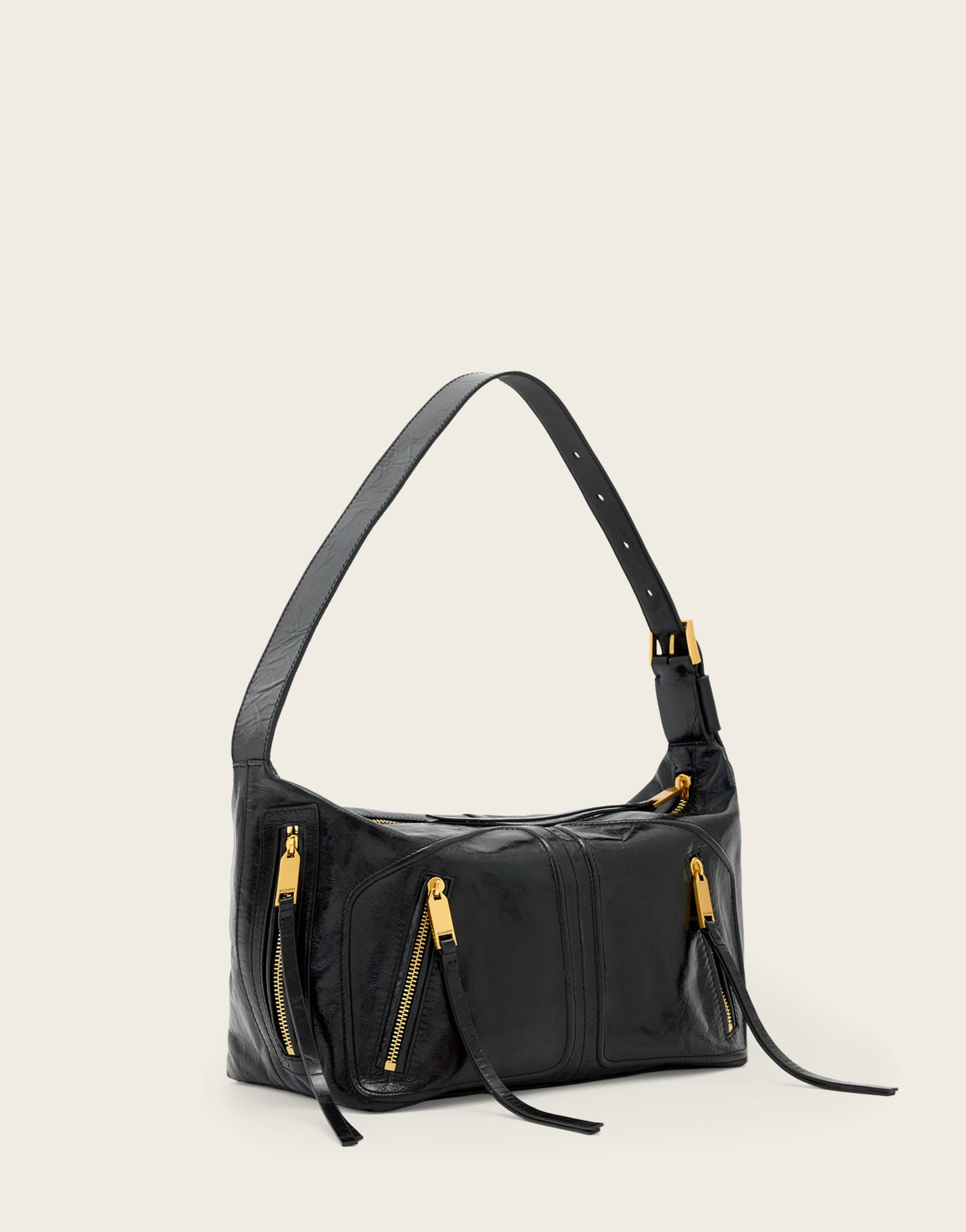 allsaints jean rey zip detail shoulder bag in black