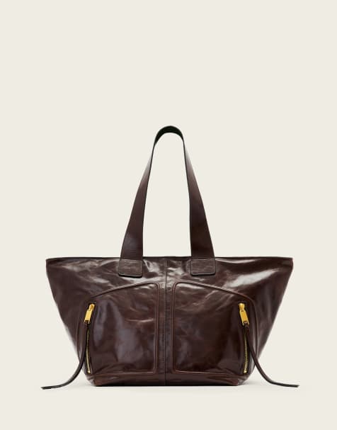 AllSaints jean rey zip detail tote bag in cognac brown - view 1