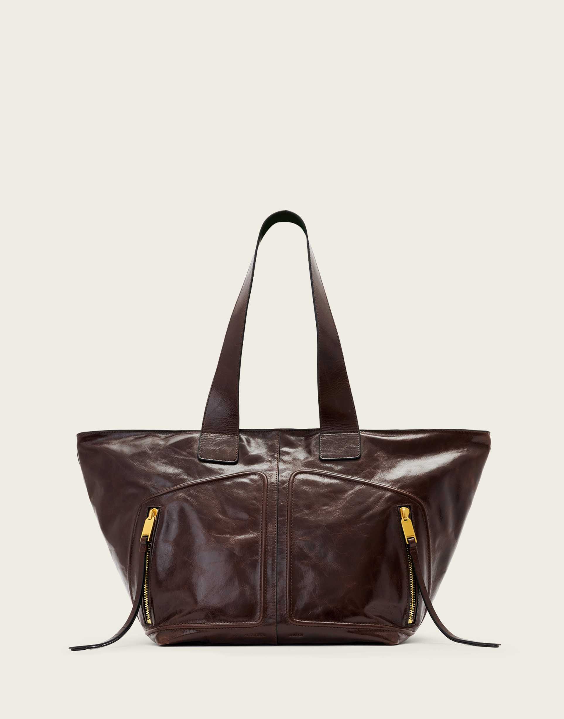 allsaints jean rey zip detailing tote in cognac brown