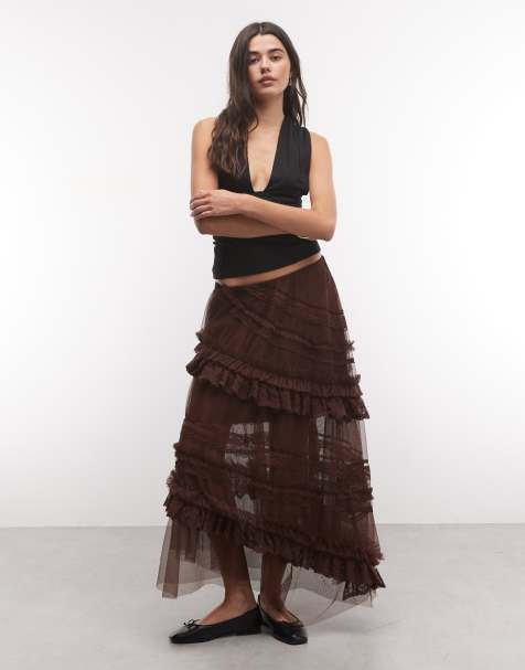 AllSaints Jen falda midi de tul con volante en marrón - view 1