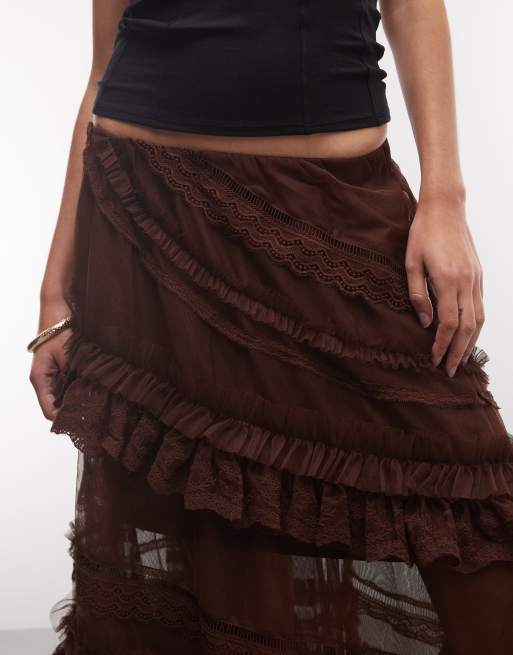 AllSaints Jen falda midi de tul con volante en marrón, 4 de 5