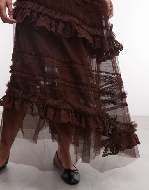 AllSaints Jen jupe midi en tulle à volants marron, 5 de 5
