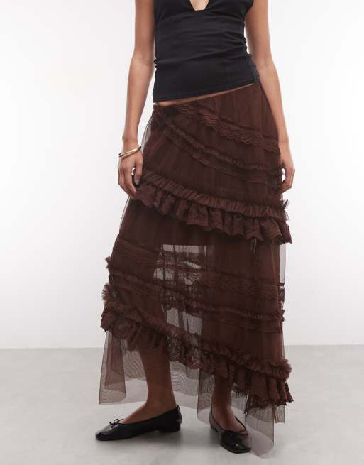 AllSaints Jen midirok van tule met ruches in bruin, 3 van 5