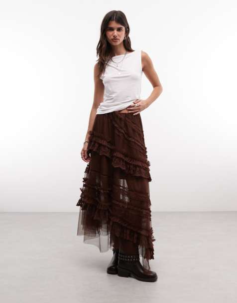 AllSaints Jen tulle ruffle midi skirt in black - view 1