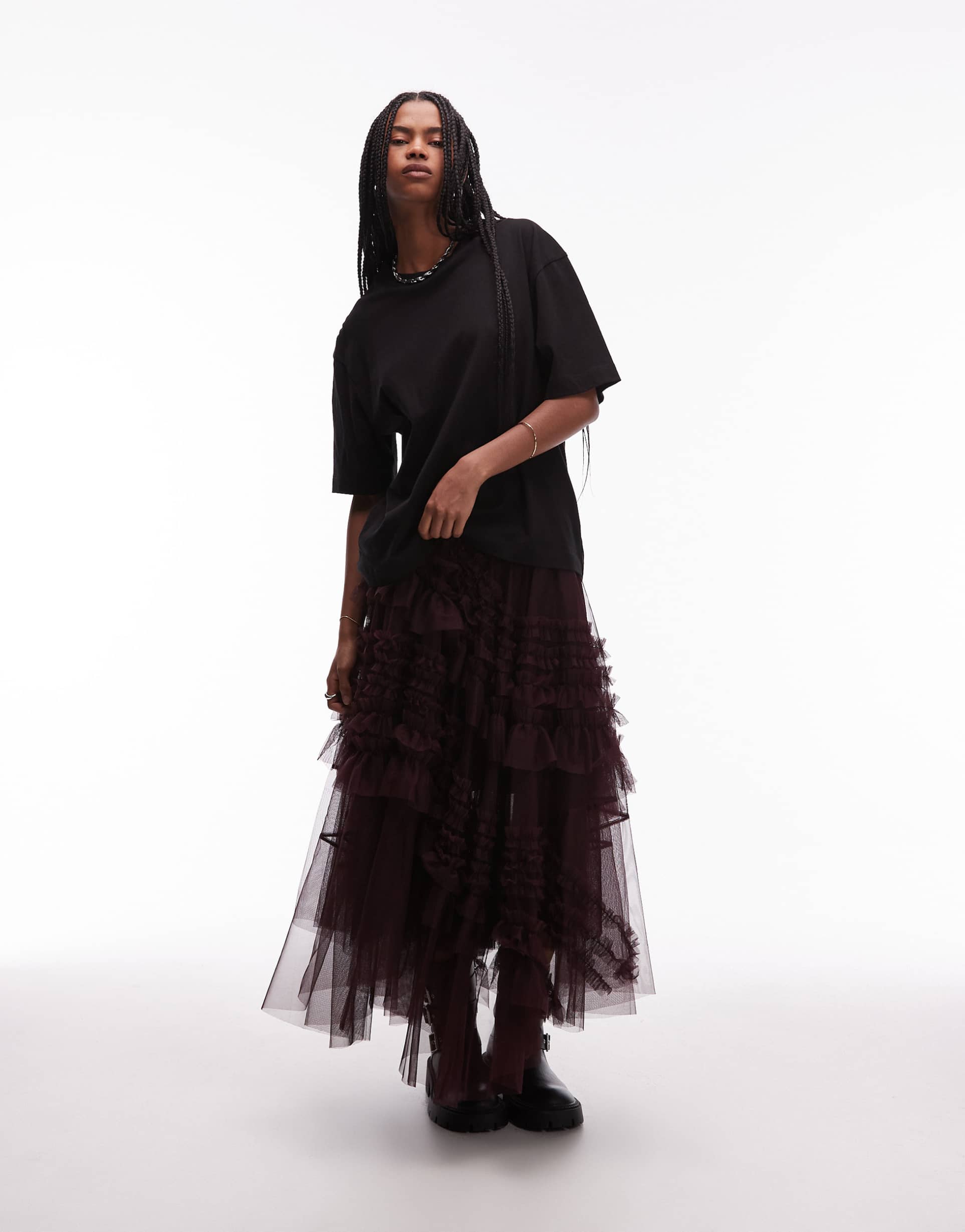 allsaints jen tulle skirt in burgundy