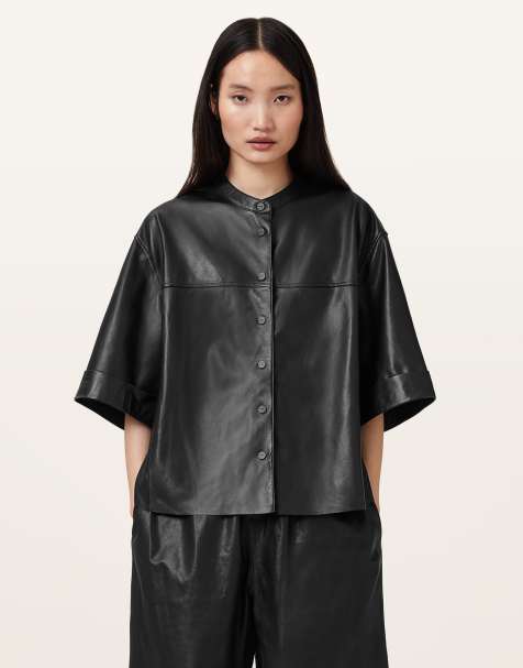 AllSaints – Jenna – Hemdbluse aus Leder in Schwarz - view 1