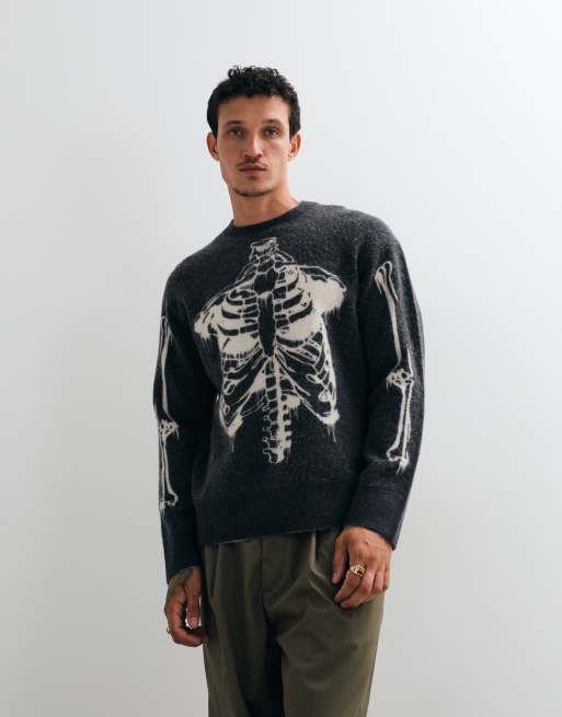AllSaints - Jersey de punto con gráfico Ribspill skeleton en gris carbón, 3 de 5