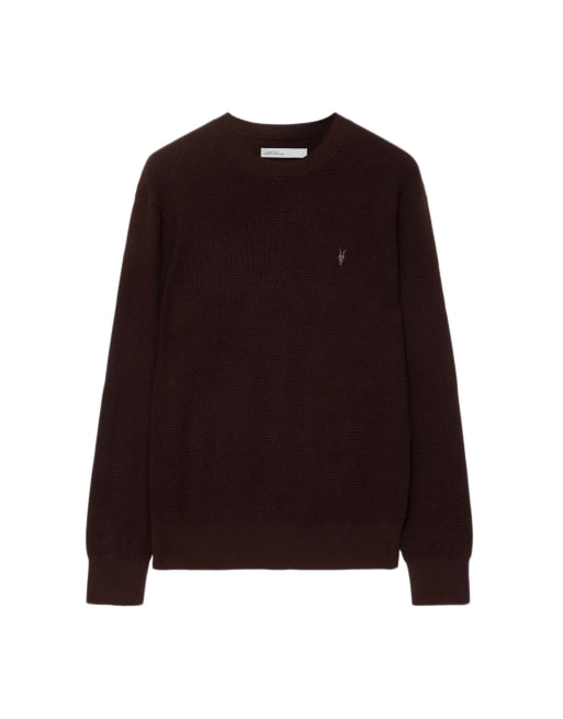 AllSaints jersey de punto gofrado con cuello redondo en marrón granate, 7 de 7