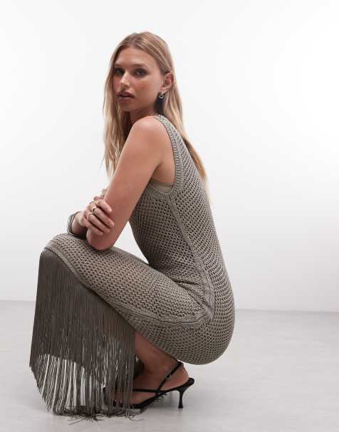 AllSaints - Jessie - Vestito lungo in maglia marrone con nappe - view 1