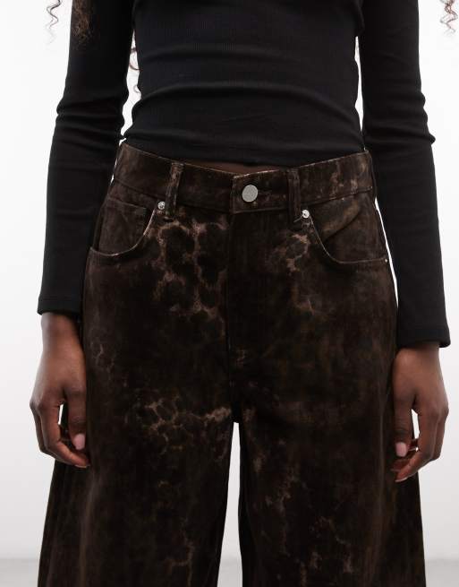 AllSaints Jett barrel leg flocked leopard print denim jeans in brown, 4 of 5