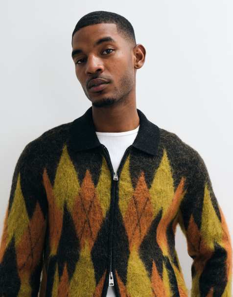 AllSaints Jiro cardigan i flerfarvet argyle-strik med lynlås hele vejen igennem - view 1