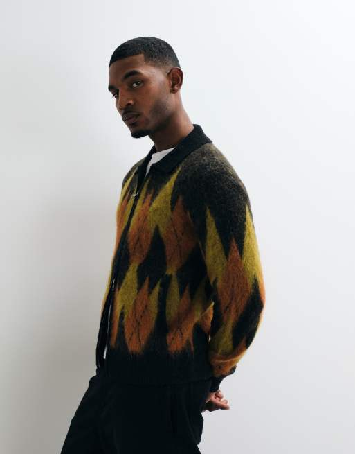 AllSaints Jiro zip through argyle knit cardigan in multi, 3 of 5