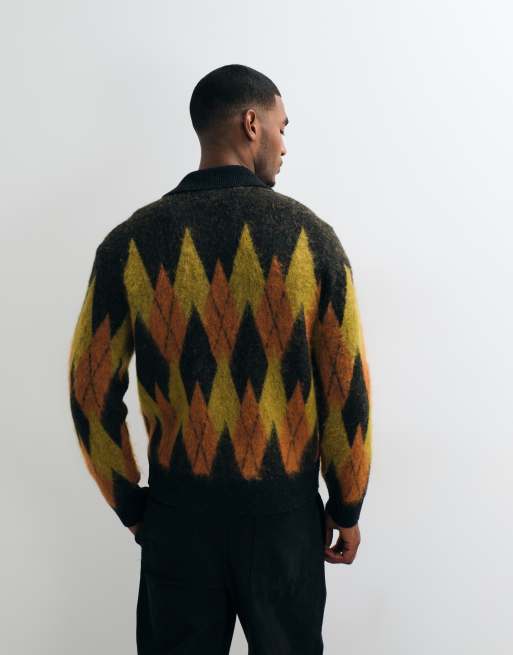AllSaints Jiro zip through argyle knit cardigan in multi, 4 of 5