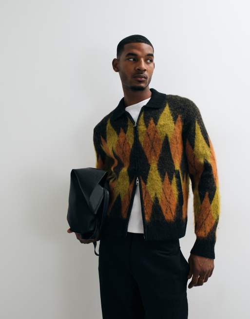 AllSaints Jiro zip through argyle knit cardigan in multi, 5 of 5