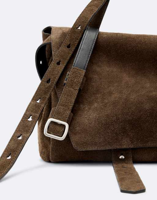 AllSaints Joan Leder- und Wildleder-Umhängetasche in dunklem Khaki, 2 von 5
