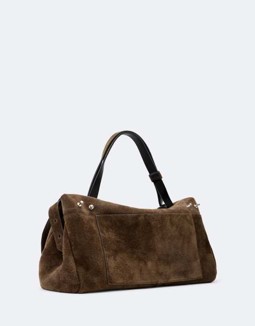 AllSaints Joan leren en suède satchel schoudertas in donker kaki, 4 van 5