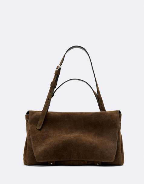 AllSaints Joan suède satchel in donker kaki groen - view 1