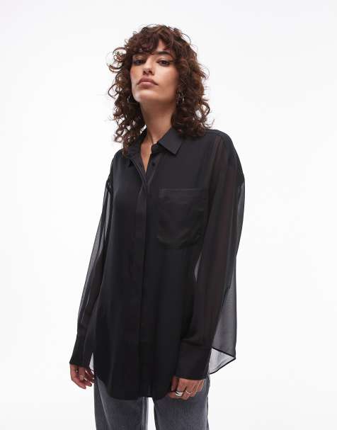 AllSaints Jody sheer and satin mix utility shirt in black - view 1