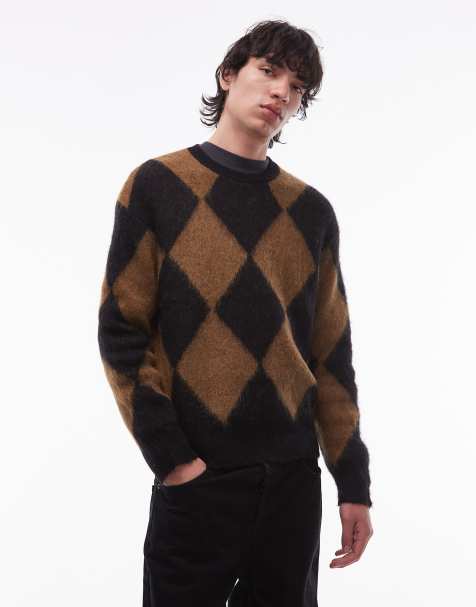 Allsaints Joker crew neck diamond knitted jumper in black / brown - BROWN - view 1