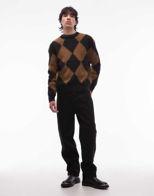 AllSaints Joker crew neck diamond knitted jumper in black/brown, 2 of 5