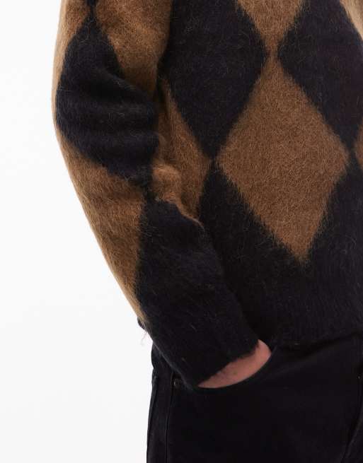 AllSaints Joker crew neck diamond knitted jumper in black/brown, 5 of 5