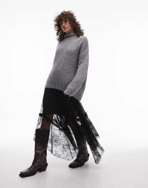 AllSaints Josie lace tulle midi skirt in black - view 1