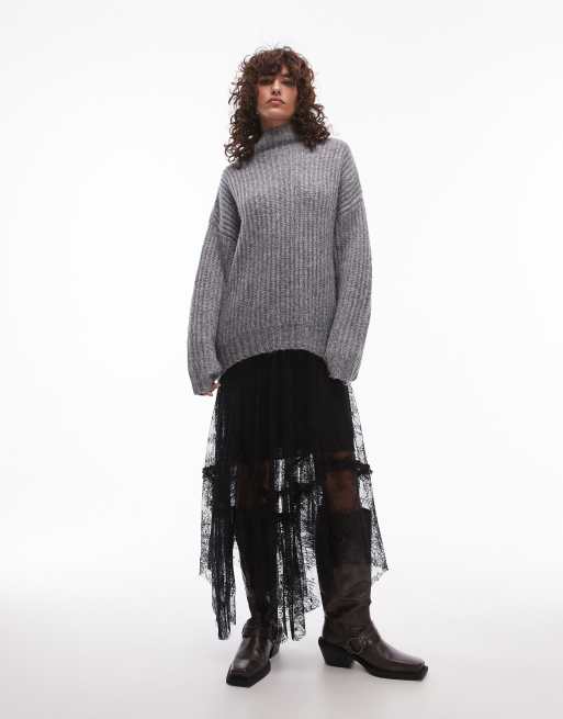AllSaints Josie lace tulle midi skirt in black