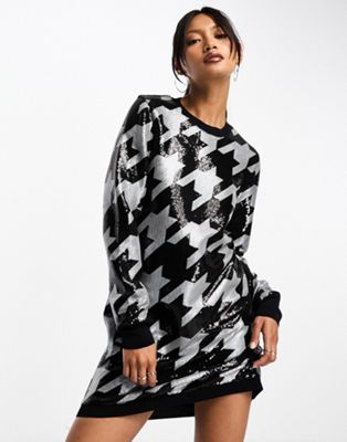 BLACK AND WHITE HOUNDSTOOTH SEQUIN OVERSIZED T-SHIRT DRESS – Arelia's Dream