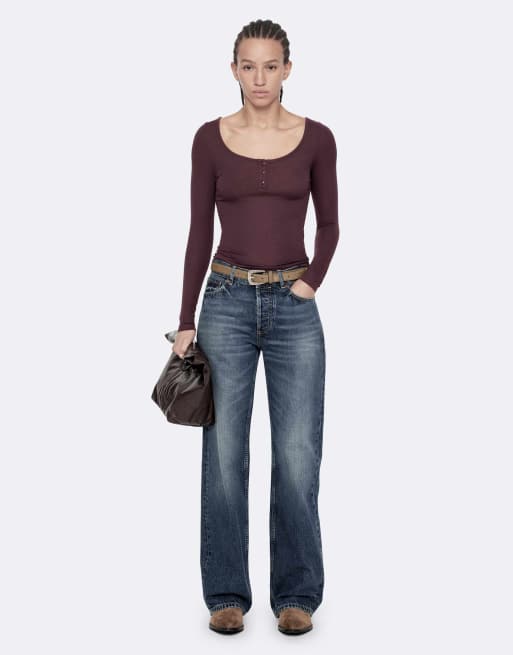 AllSaints Jules henley à manches longues en rouge aubergine, 6 de 6