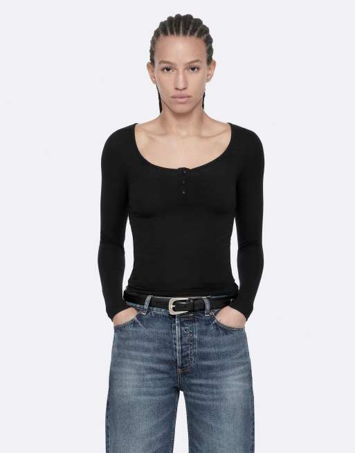 AllSaints Jules henleytop met lange mouwen in gitzwart, 4 van 6