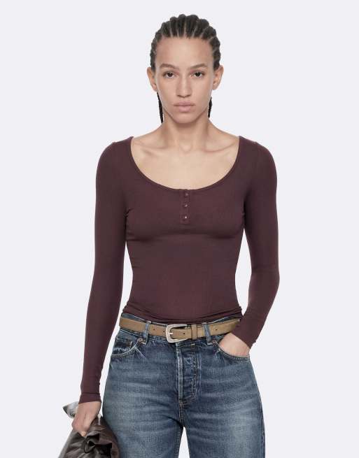 AllSaints Jules Langarm-Henley in Aubergine-Rot, 5 von 7