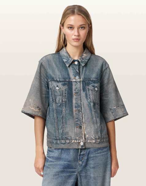 AllSaints – Juni – Kurzärmliges Frottee-Hemd in getöntem Illusion-Blau - view 1