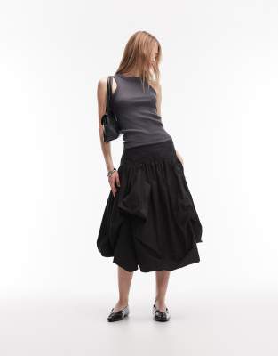 Allsaints Juniper Drop Waist Aysmetric Volume Midi Skirt In Black