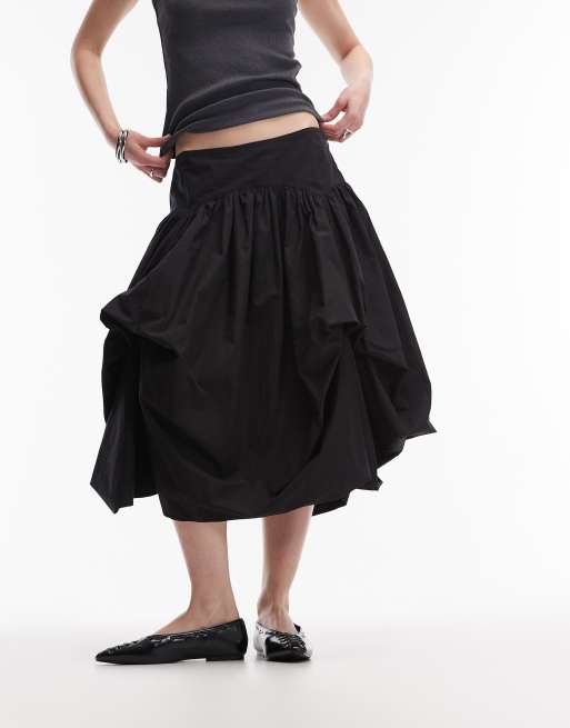 AllSaints juniper dropped waist asymmetric volume midi skirt in black, 2 of 5