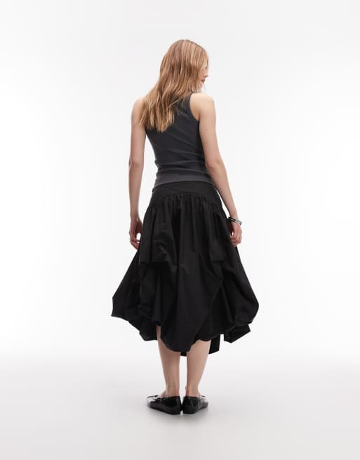AllSaints juniper dropped waist asymmetric volume midi skirt in black, 4 of 5