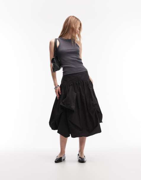 AllSaints - Juniper - Gonna midi voluminosa asimmetrica nera con vita scesa - view 1