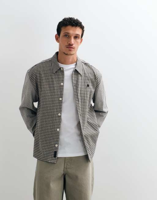 AllSaints Kage overhemd met lange mouwen, geruit streeplogo in grijs/wit, 4 van 5