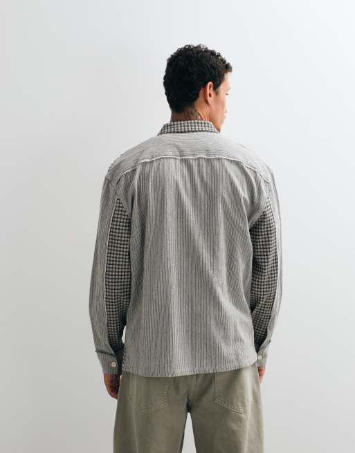 AllSaints Kage overhemd met lange mouwen, geruit streeplogo in grijs/wit, 5 van 5