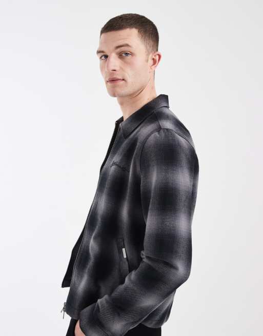 AllSaints Kapi long sleeve zip through shirt in blue check, 5 of 5
