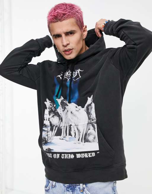 AllSaints – Kapuzenpullover in Schwarz mit Print von heulenden Wölfen