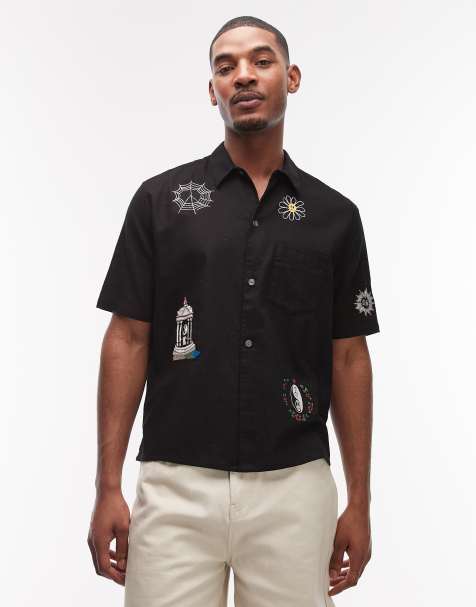 AllSaints Karlton short sleeve linen blend embroidered shirt in black