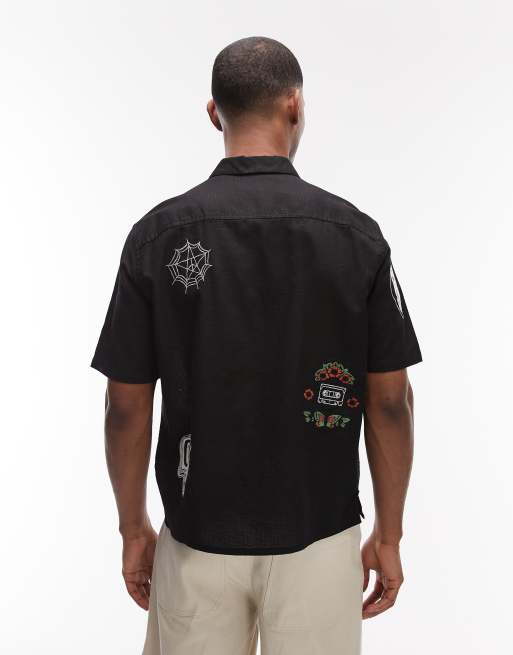 AllSaints Karlton short sleeve linen blend embroidered shirt in black, 2 of 5