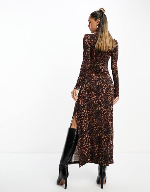 AllSaints Katlyn Evita long sleeve maxi dress in brown leopard print