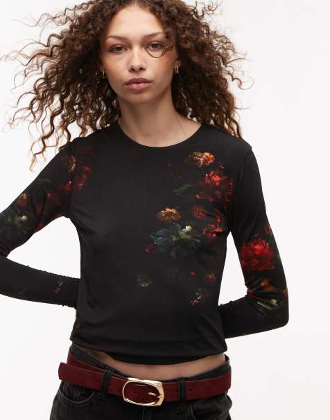 AllSaints Katlyn long sleeve mesh top in black floral - view 1
