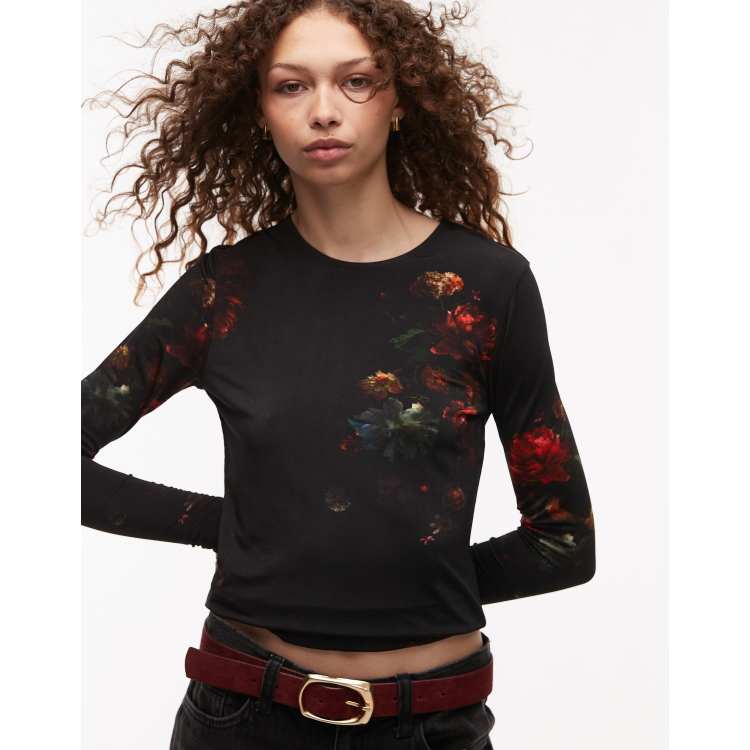 AllSaints Katlyn long sleeve mesh top in black floral | ASOS