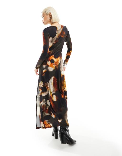 AllSaints Katlyn Mars long sleeve printed maxi dress in rust brown ASOS