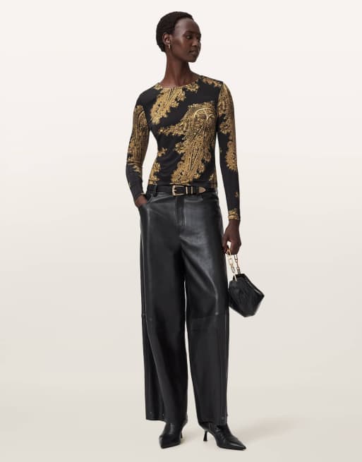AllSaints Katlyn printed long sleeve top in black and gold, 2 of 4