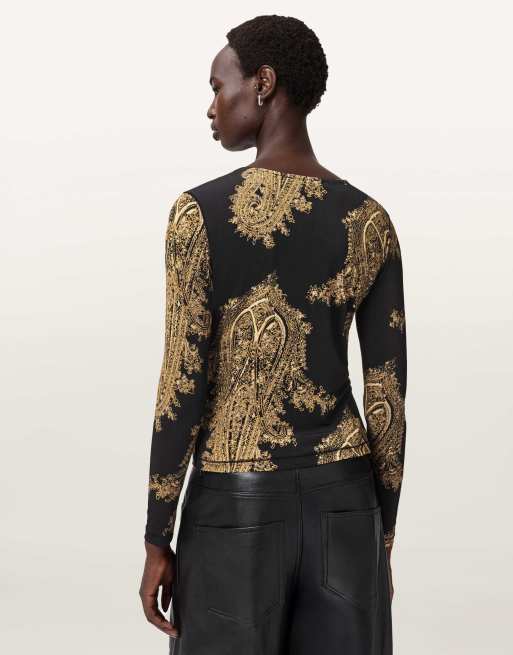 AllSaints Katlyn printed long sleeve top in black and gold, 3 of 4