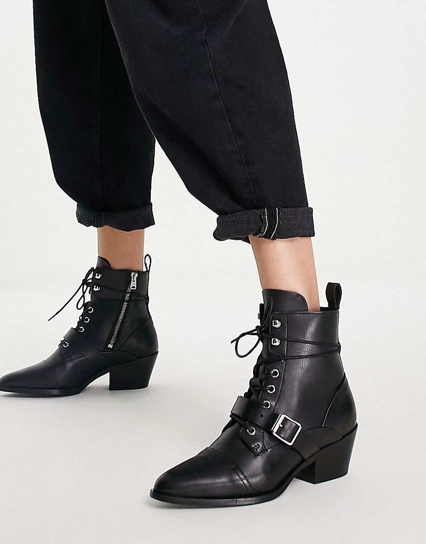 Allsaints Katy Lace Up Heeled Leather Boots With Buckle In Black